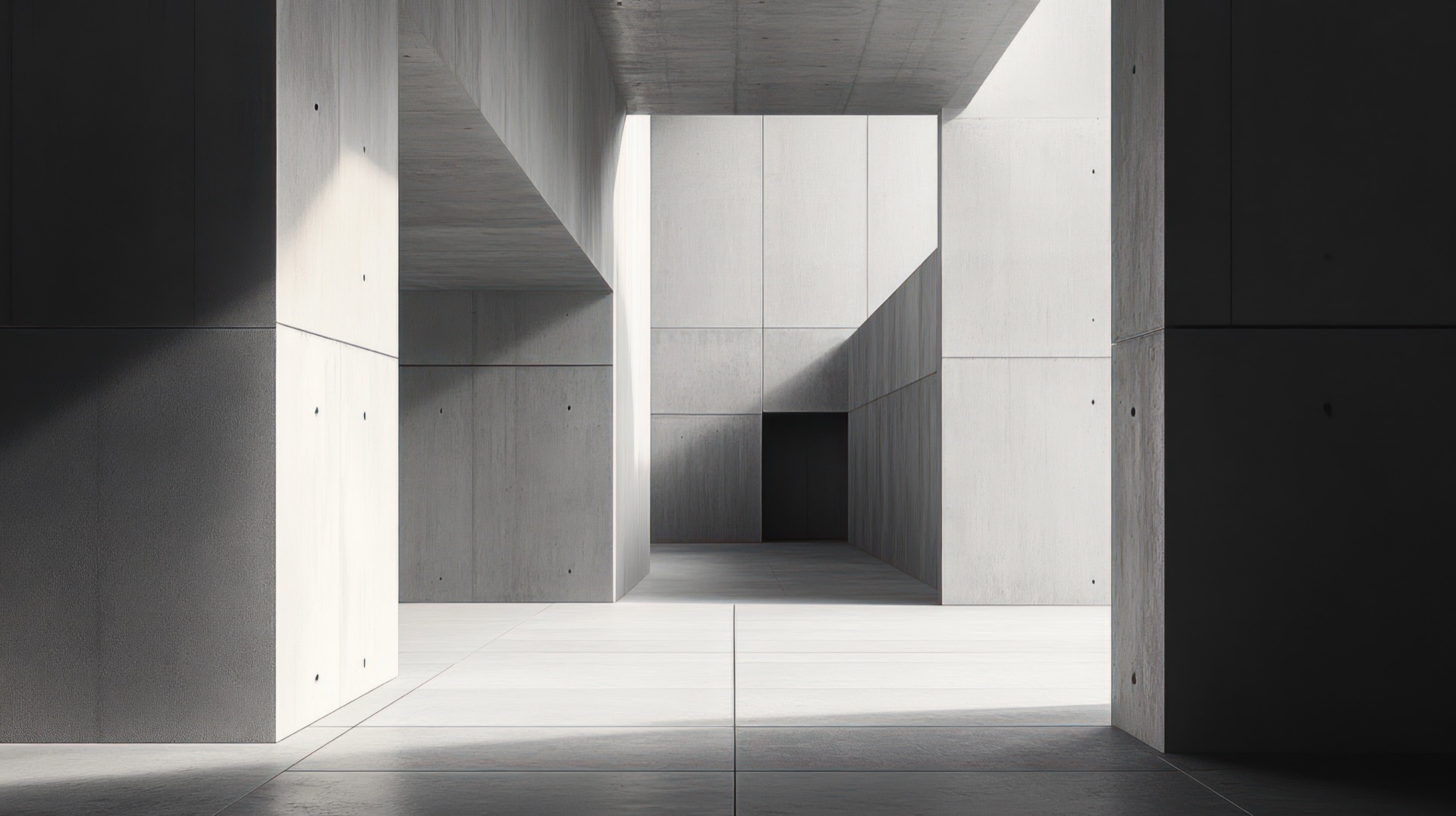 Brutalist concrete interior with dramatic light and shadow
